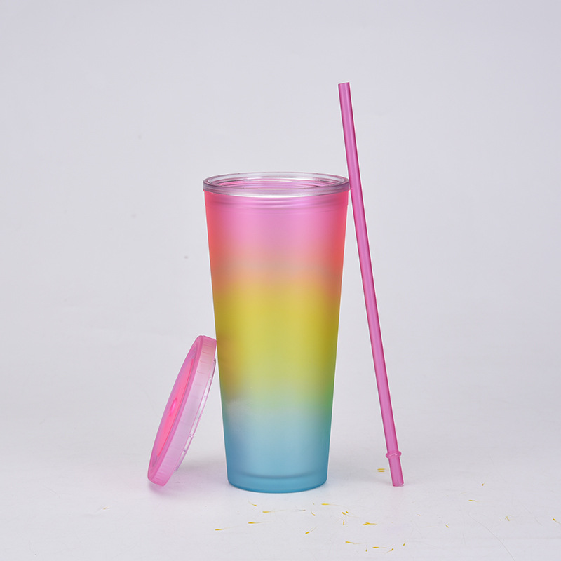 2022 neue Regenbogen farbe ins Wind Doppels chicht Kunststoff Stroh Tasse grenz berschreitende gefrostete Hand Tasse Outdoor Sport Wasser Tassepicture8