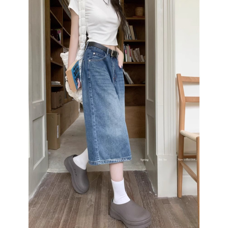 American Retro High Street Jeans Women Summer 2025 New Chic High Waist Straight Wide Leg Cropped Pants Mid-length Pants