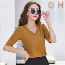 9866# 一件代发初秋中袖V领t恤女韩版纯色打底衫简约气质上衣跨境