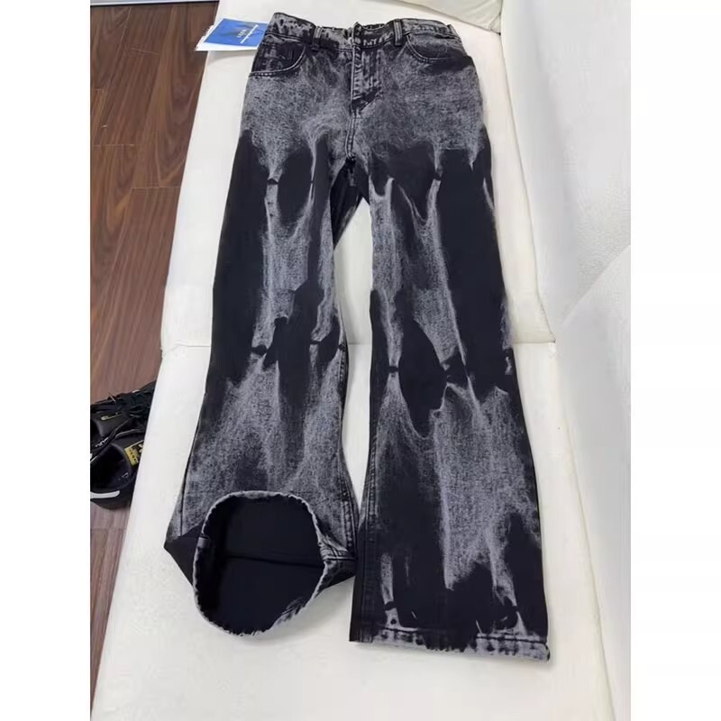 American High Street Black Tie-Dye Jeans for Men, Summer Cool Street Vibe Pants, Slim Straight-Leg Bootcut Pants