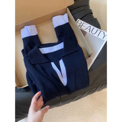 设计感假两件撞色拼接条纹针织衫女早秋新款小众显瘦V领长袖上衣
