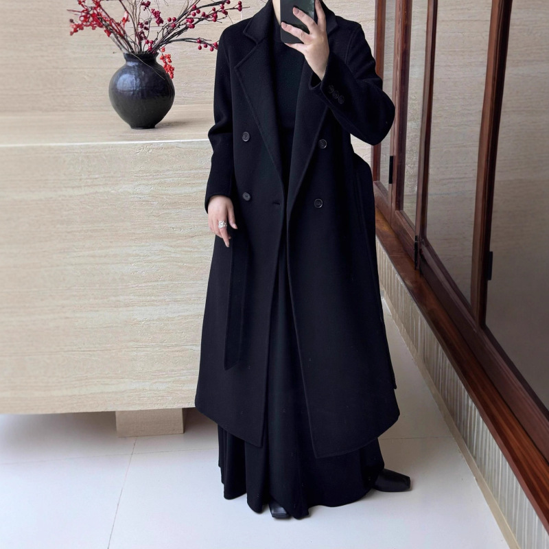 Right Shoulder Lace-Up Simple Elegant Double-Sided Wool Outwear Long Suit Collar Belt Wool Women's Woolen Outwear