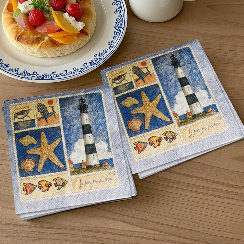 20 Pieces of Square Disposable Lighthouse and Starfish Printed Paper Napkins, Colorful Paper Napkins 25X25Cm with Creative Printing