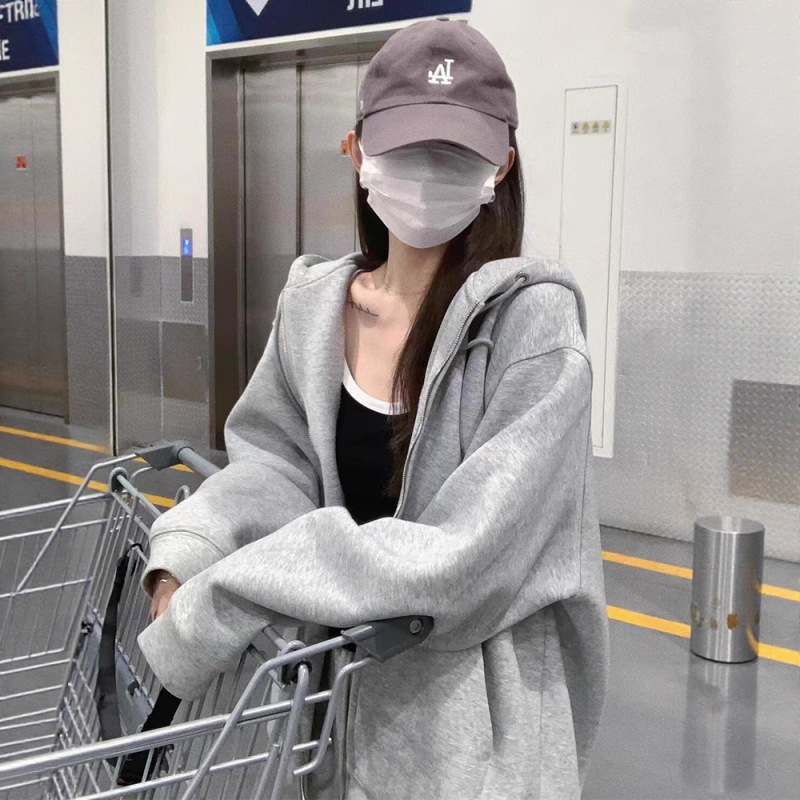 灰色连帽卫衣女春秋季2025新款早秋外套韩系慵懒风小个子开衫上衣|undefined