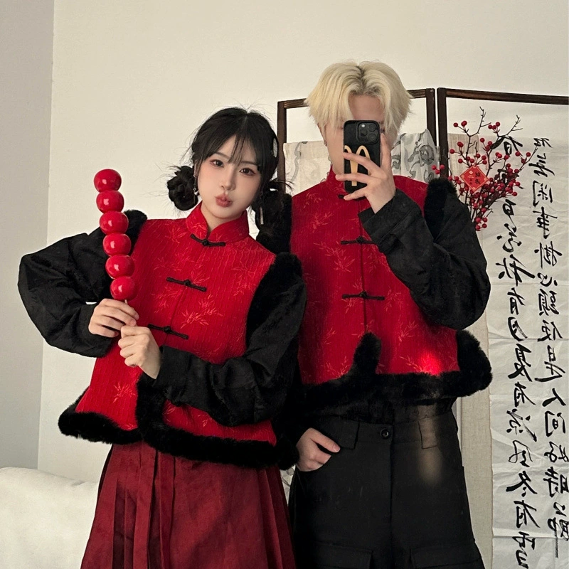 Комплект из утолщенной рубашки с длинным рукавом и юбки с вышивкой в новогоднем стиле для мужчин и женщин, осень-зима 2024