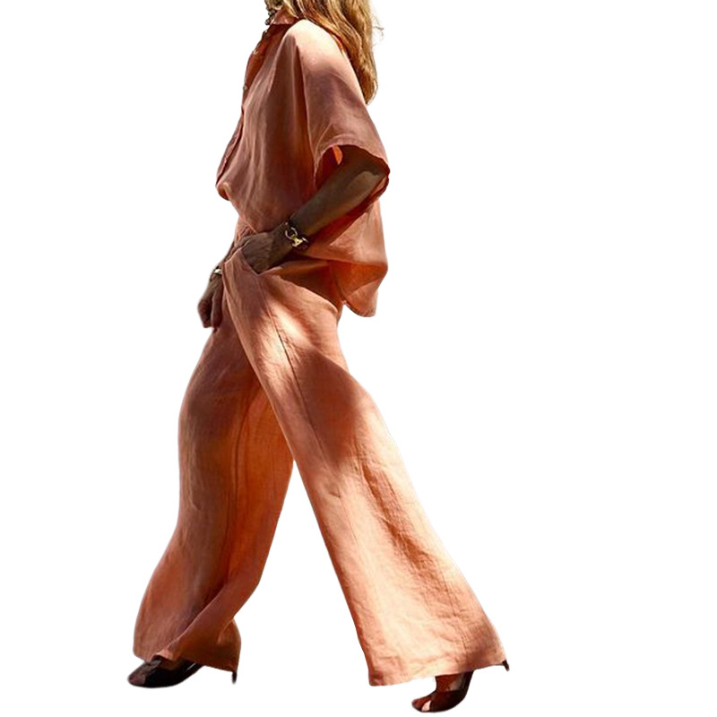 Women's Clothing 2024 Spring and Summer New Ladies Fashion Temperament Solid Color Loose Cotton and Linen Lapel Two piece Set_voghion.com