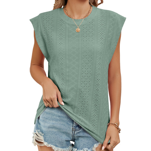 Amazon European and American Cross-border Foreign Trade 2024 Summer Solid Color Round Neck Loose Short Sleeve T-shirt Vest Top for Women