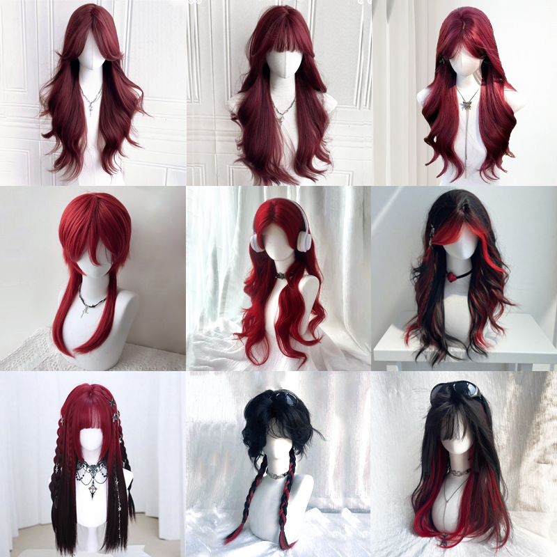 Wig for Women, Rose Red, with Bangs, Gothic Wolf Tail, Color-Blocked, Gradient Straight Hair, Long Curly Hair, Bangs Wig Wig for Women, Rose Red, with Bangs, Gothic Wolf Tail, Color-Blocked, Gradient Straight Hair, Long Curly Hair, Bangs Wig