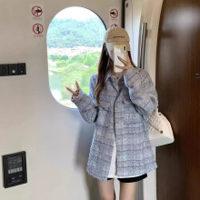 蓝色格子衬衫小香风外套女秋季2024新款气质韩版简约休闲宽松开衫