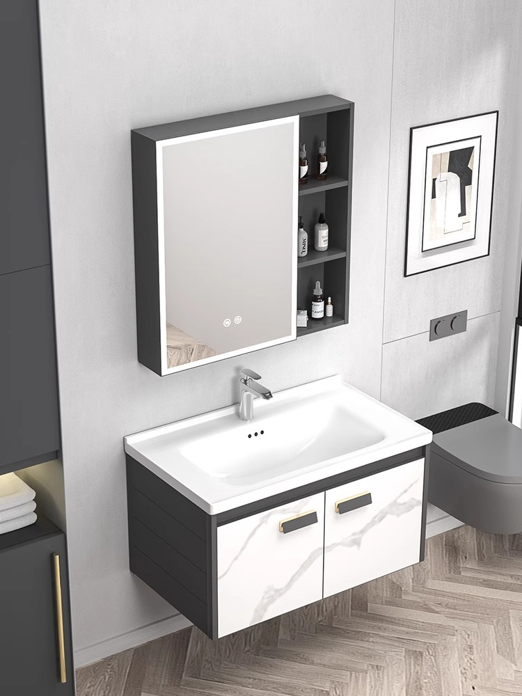 Engrosamiento de aluminio espacio Placa de roca integrado cuenca baño gabinete combinación moderna mesa de lavado inteligente espejo baño lavabo gabinete