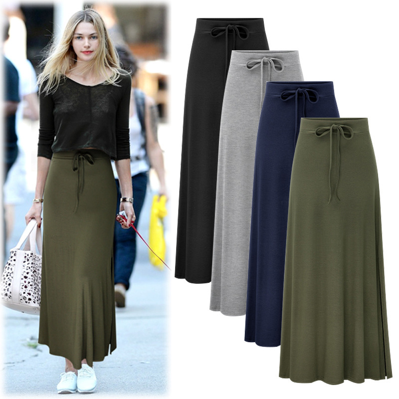 Europe and the United States large size women's fashion knitted skirt 200kg high waist long slit A- line skirt elastic knee Europe and the United States large size women's fashion knitted skirt 200kg high waist long slit A- line skirt elastic knee