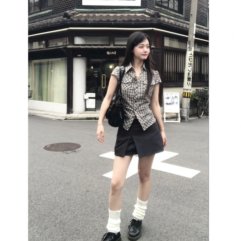 跨境美式复古格子短袖衬衫女2025年新款女装秋季爆款衬衣显瘦辣妹|undefined