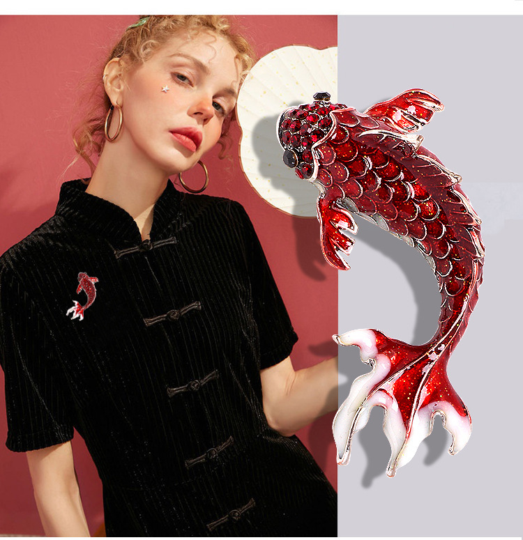 Red Koi Fish Brooch with Full Diamond Enamel, Goldfish Pin, Two Color Options, Alloy Animal Brooch