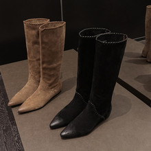 百搭牛翻皮内增高不过膝长靴女2025秋冬新款复古尖头一脚蹬时装靴