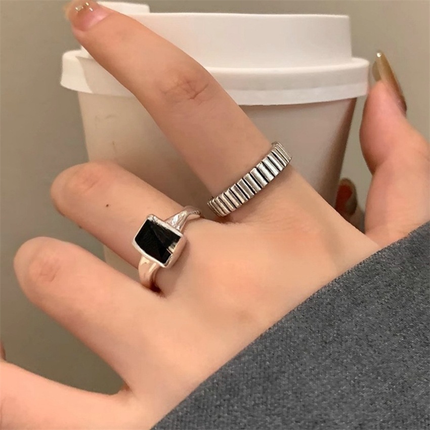 Retro black small design fashionable ring with stone with zircon