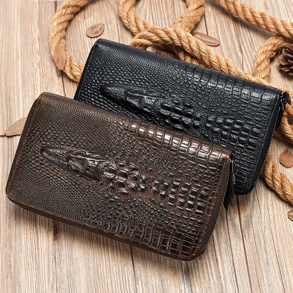 Túi clutch nam da bò dập vân cá sấu cao cấp, khóa kéo đôi, dáng dài đựng điện thoại — Cà phê, màu đen
