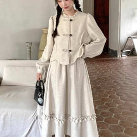 UNMUN新中式复古盘扣连衣裙套装女2025春秋学院风长袖上衣半身裙