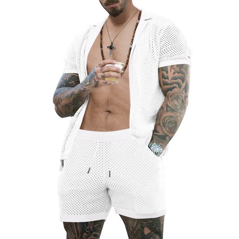 Traje de verano de ropa de hombre transfronterizo de Amazon de malla europea y americana de punto casual camiseta de solapa pantalones cortos de manga corta ropa de hombre