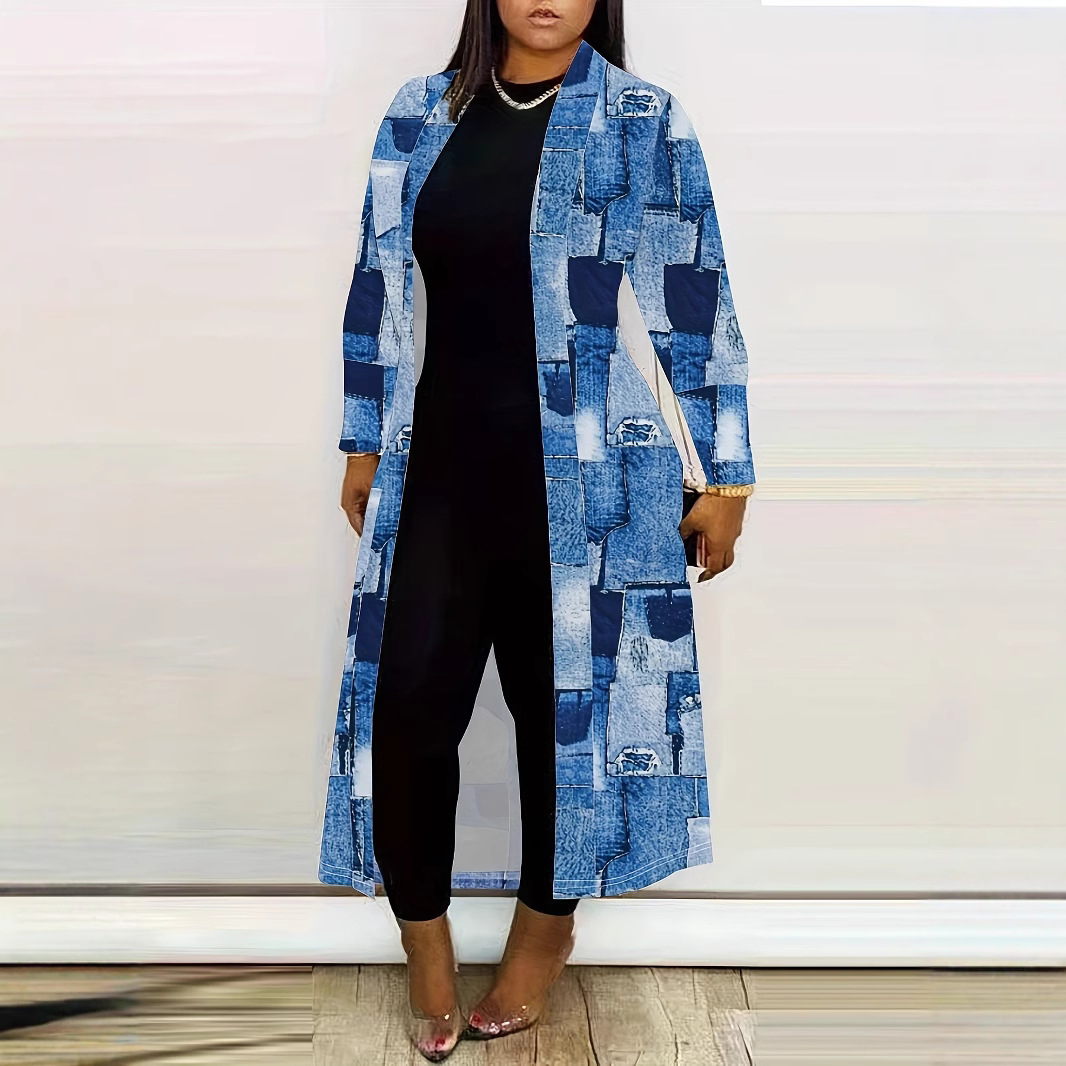 Giacca a vento lunga da donna con stampa denim - Giacca blu versatile senza collo con chiusura a zip integrale_voghion.com
