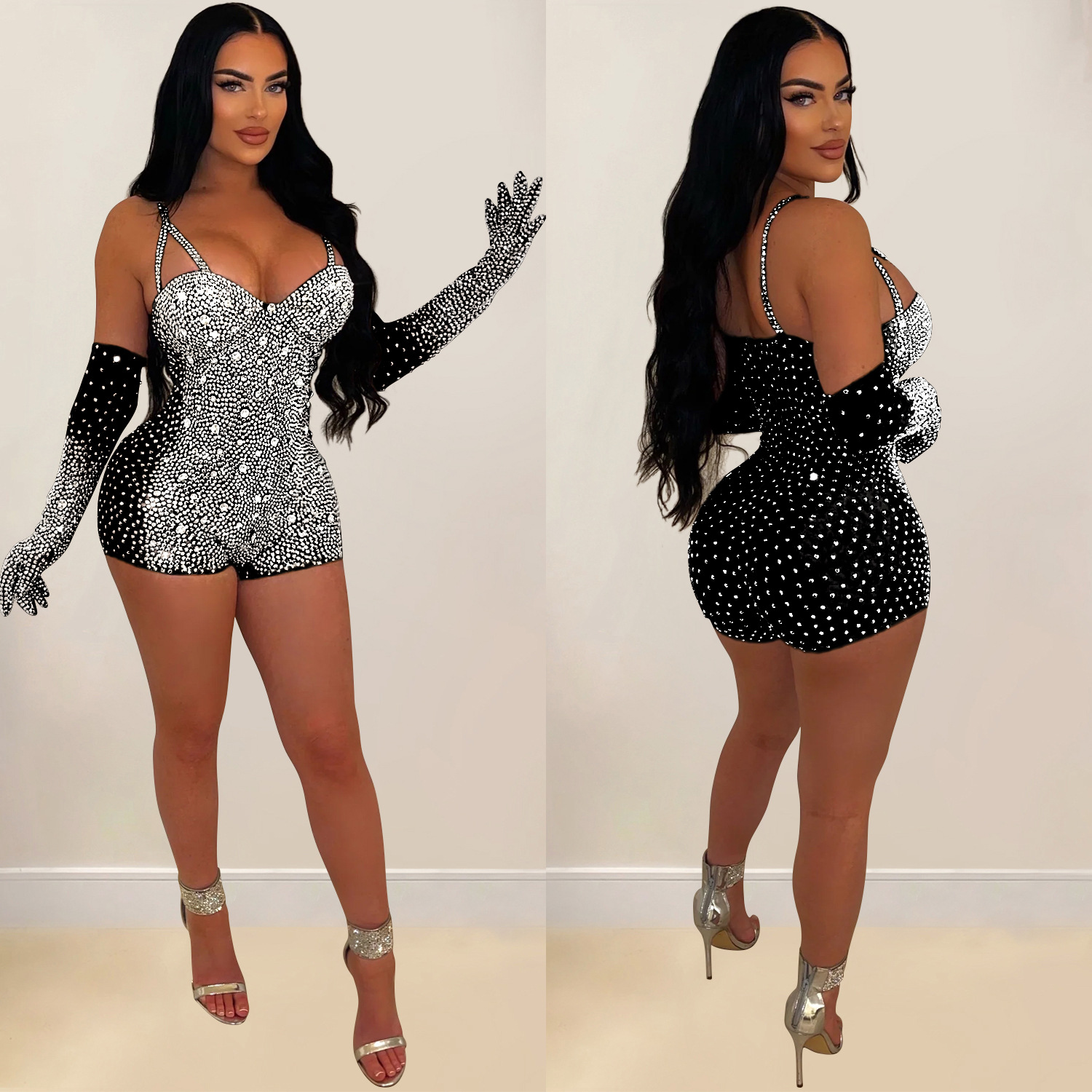 C6902 Aliexpress transfronterizo Amazon Europa y América de moda de mujer de color sólido malla de diamante transparente pantalones cortos monje