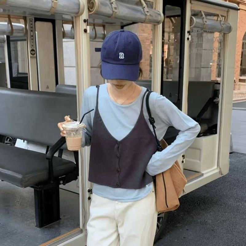 韩系穿搭两件套吊带拼接长袖针织衫女秋季设计感宽松叠穿上衣薄款|undefined
