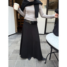 万为 黑色大摆A字裙女2025冬季新款垂坠感配腰带中长款半身裙4362