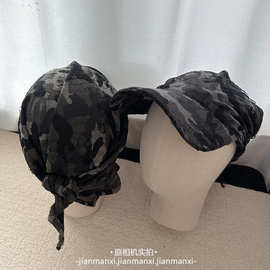 美式复古破洞做旧迷彩包头帽女夏季新款小众设计感百搭潮牌鸭舌帽