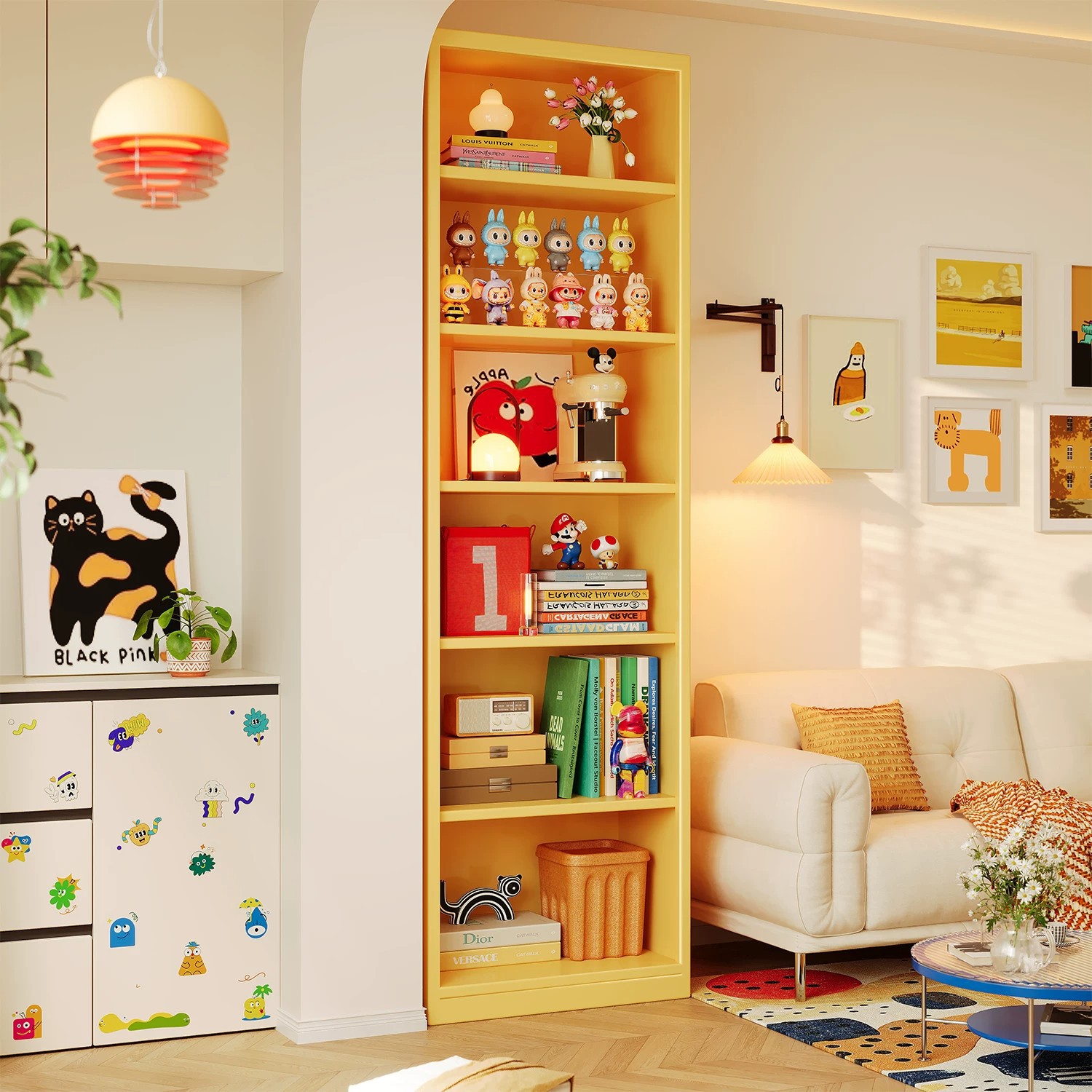 Steel bookshelf dopamine narrow gap storage rack, freestanding living room wall-mounted integrated storage rack, metal storage bookcase