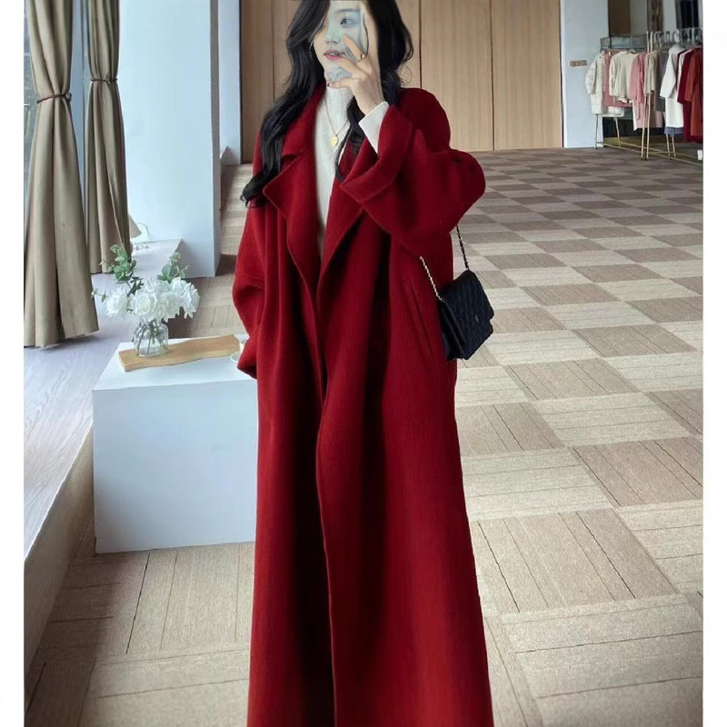 Sicilian Red New Year's Coat Christmas Double-Sided Cashmere Wool Coat Women's Lace-Up Long Elegant Woolen Coat