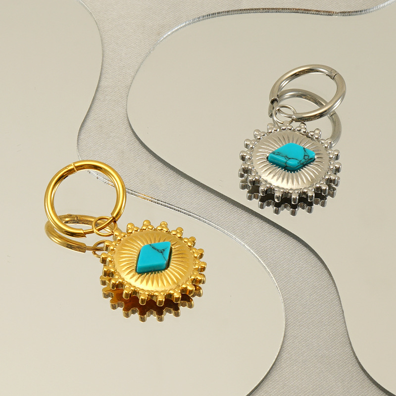 Pendientes de girasol de acero inoxidable estilo étnico transfronterizo azul turquesa Polka Dot retro pendientes bohemios de estilo nacional para las mujeres