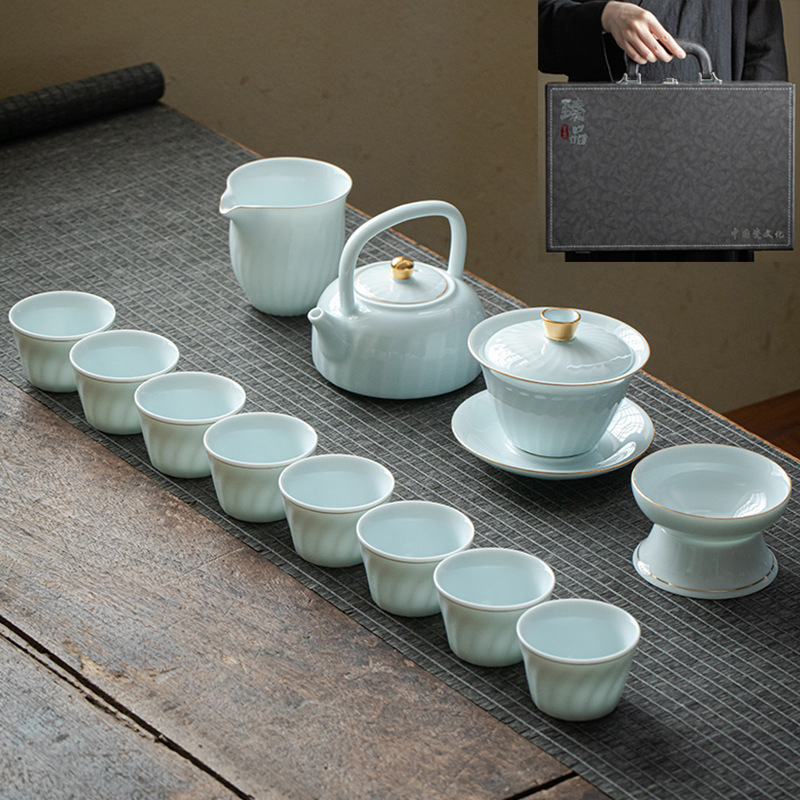 ギフト工夫茶器セット卸売り家庭用ロゴ蓋碗提梁壺開業徳化陶磁器茶器セット|undefined