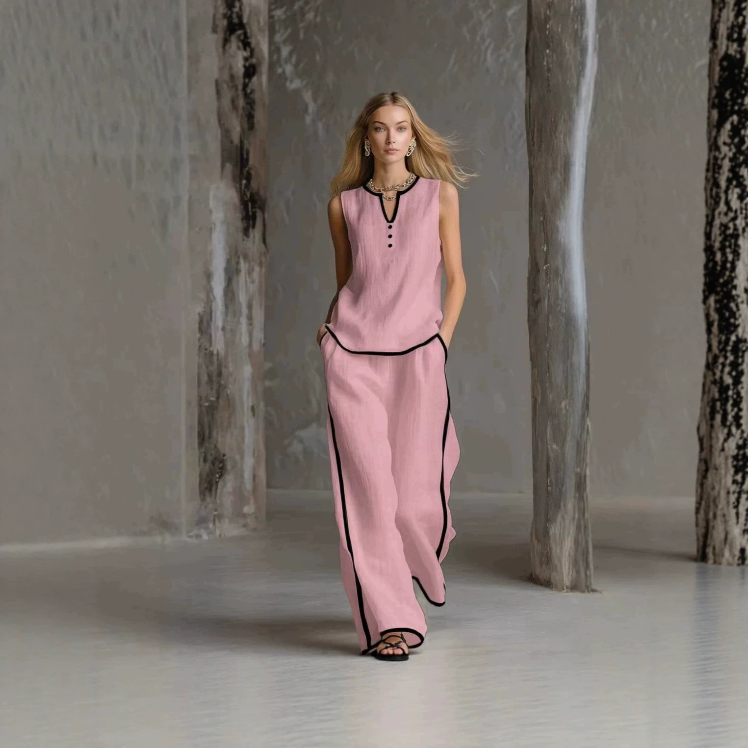 Summer Women's Sleeveless V Neck Color Block Wide Leg Pants Set Style Casual Fashion Solid Two Piece_ecoleips.com