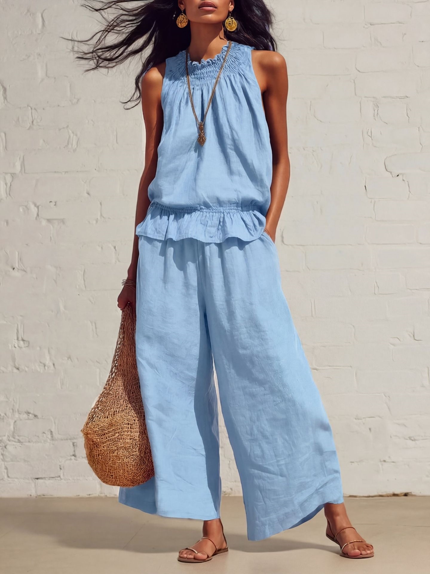 Women's Clothing American Style Women's Ruffled Cotton Linen Two Piece Set Retro Bohemian Spring Summer New Arrivals_ecoleips.com