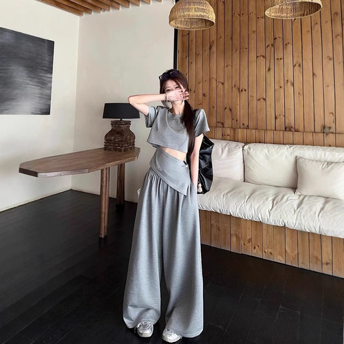 Lady's Fashion Set 2025 Summer High-Waist Slimming Casual Top T-Shirt Loose Wide-Leg Pants Set