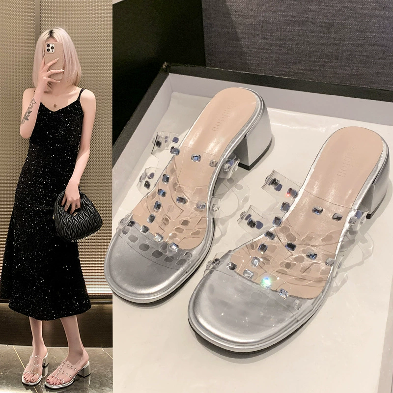 Шлепанцы со стразами женские летние носки 2024 новый фея ветра премиум-класса сандалии на высоком каблуке прозрачные туфли на каблуках