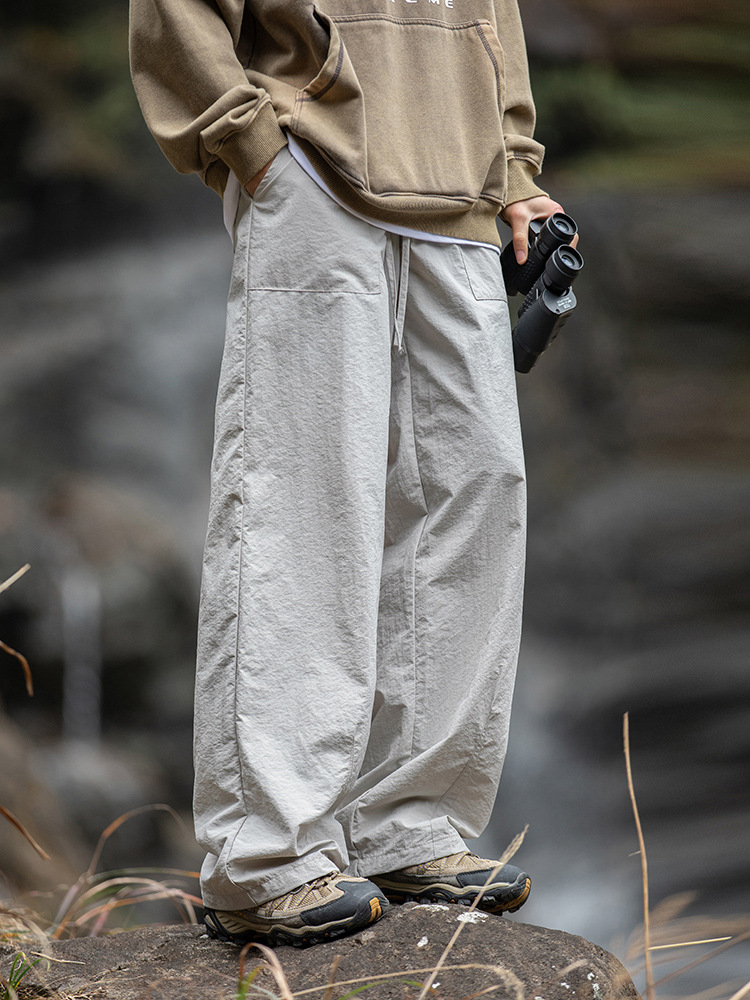 Hanlu ropa de trabajo ligeramente arrugada para hombres pantalones casuales primavera nuevas parejas sueltas y anchas pantalones rectos con cordón q