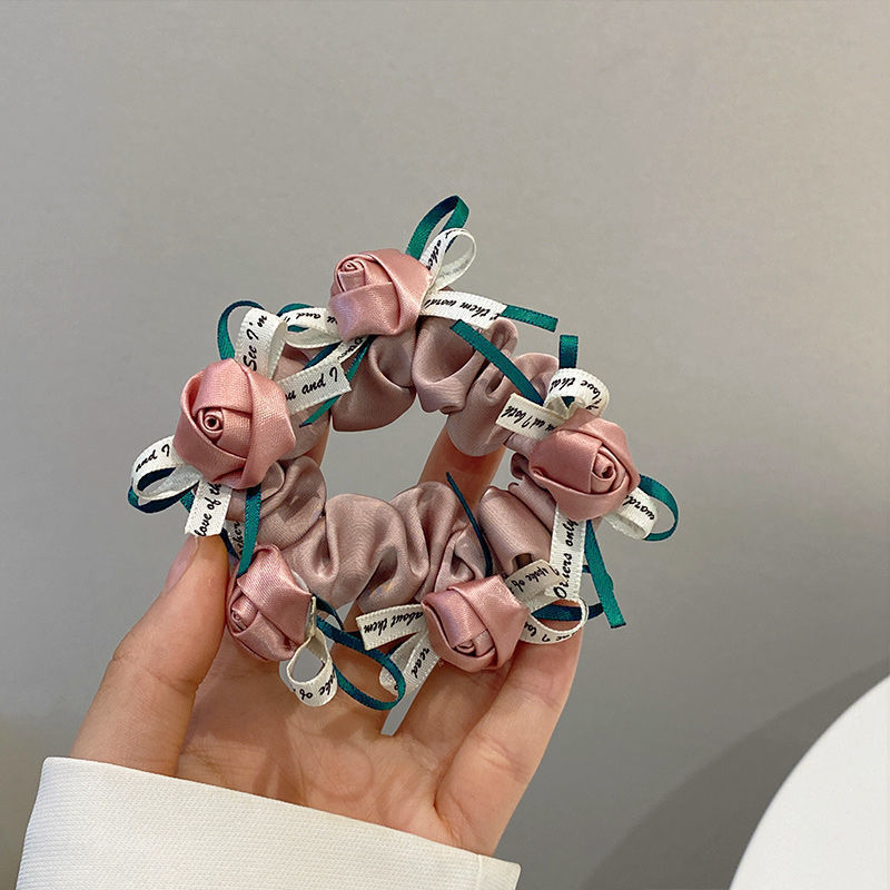 Tela hecha a mano dulce rosa anillo para el cabello cuerda para la cabeza banda de goma cola de caballo cuerda para el cabello lazo tocado para mujer cuerda para la cabeza al por mayor