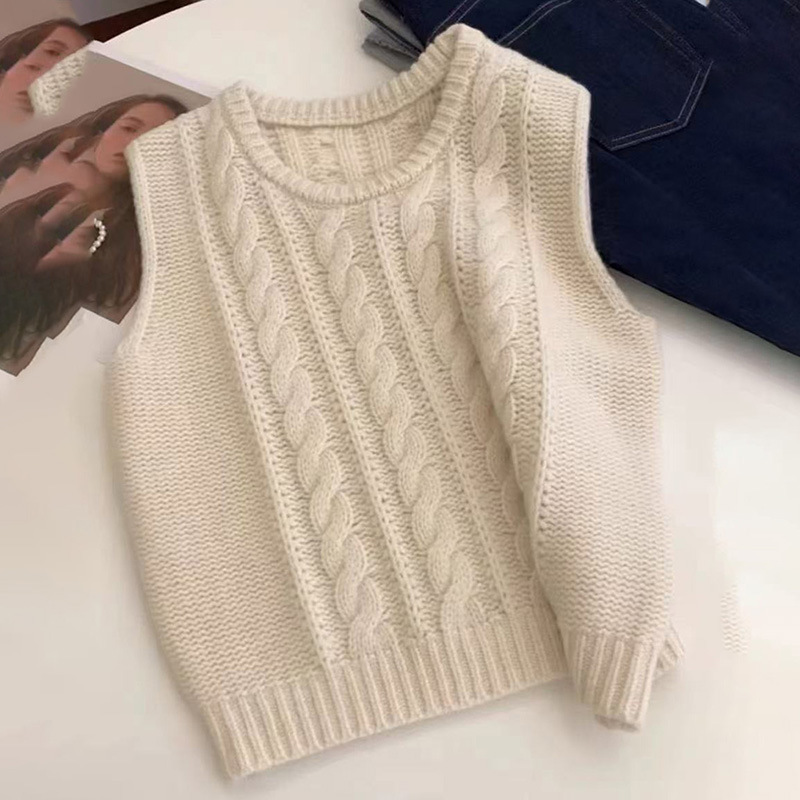 100 Pure Wool Sweater Sleeveless Vest Women's Round Neck Pure Color Pullover Vest Autumn and Winter New Simple Twist Design