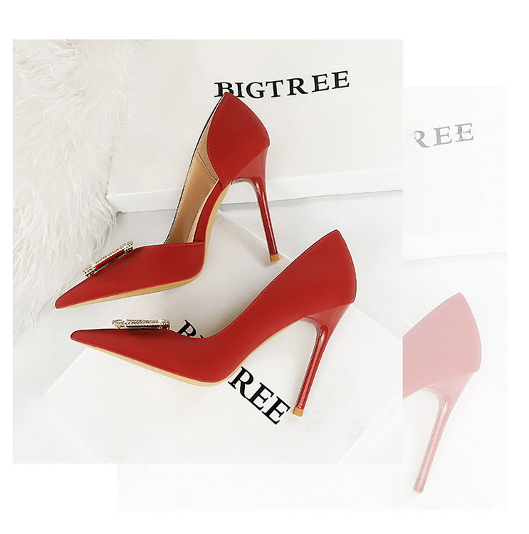 Slim side hollowed-out high heels for women slim heels super high heels rhinestone buckle single shoes_voghion.com