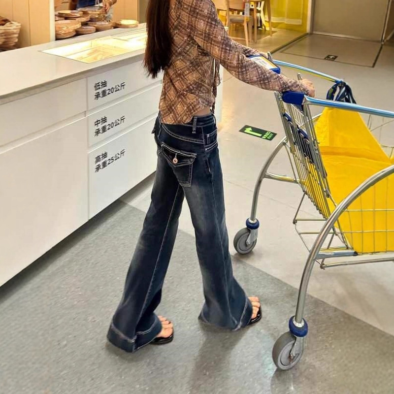 Yi Mengling's Same Style Low-Waist Boot-Cut Pants for Women, American Dark Blue Sexy Slimming Look Design Floor-Length Denim Bell-Bottom Pants