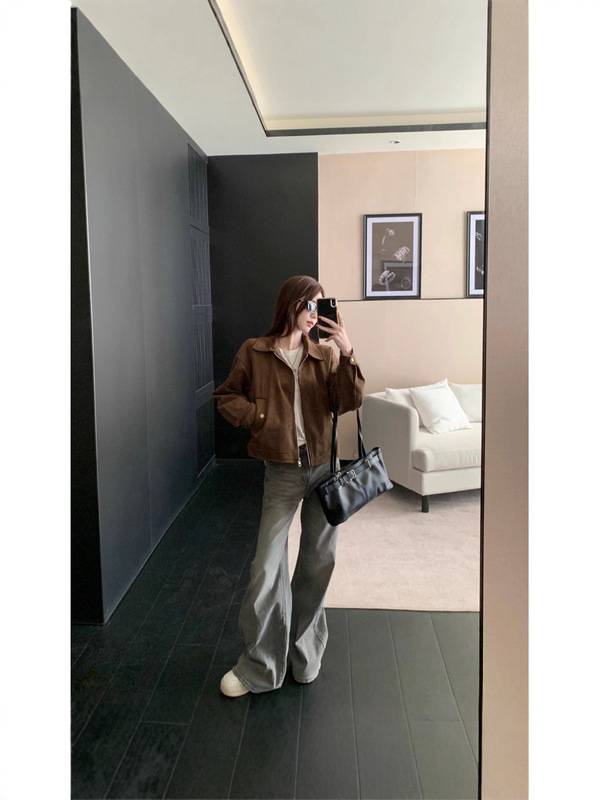 美拉德棕色仿麂皮绒外套女秋冬新款美式复古小个子短款夹克上衣|undefined