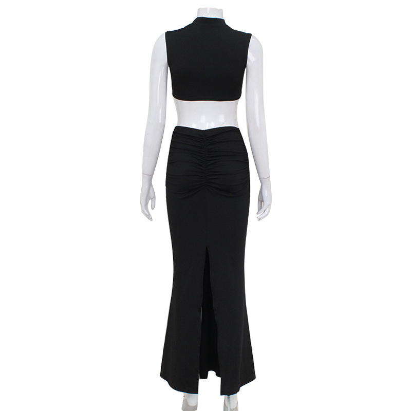 Human Pattern Amazon Hot European And American Pure Desire Summer New Fashion Temperament Midriff Outfit Half Turtleneck Flower Decoration Dress Women