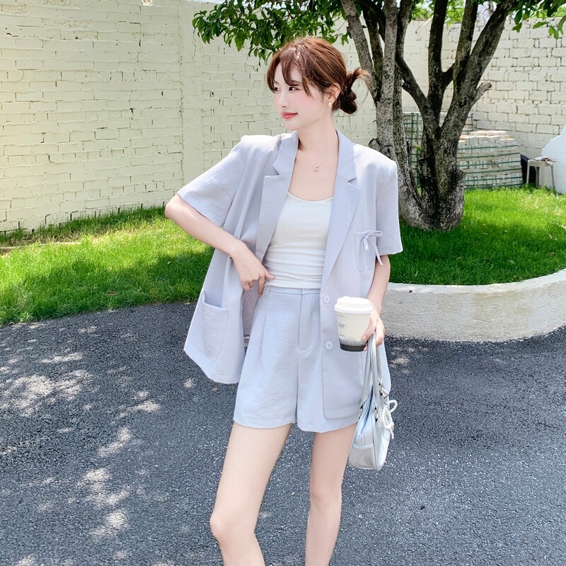 Light Blue Suit Suitable for Petite Women, 2026 Summer New Korean Style Bowknot Casual Blazer and Shorts Two-Piece Set