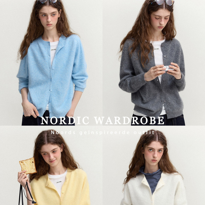 Hongmi Apparel/ Women's Cashmere High-Count Wool Mulberry Silk Round Neck Brushed Matte Soft Knit Cardigan Hongmi Apparel/ Women's Cashmere High-Count Wool Mulberry Silk Round Neck Brushed Matte Soft Knit Cardigan