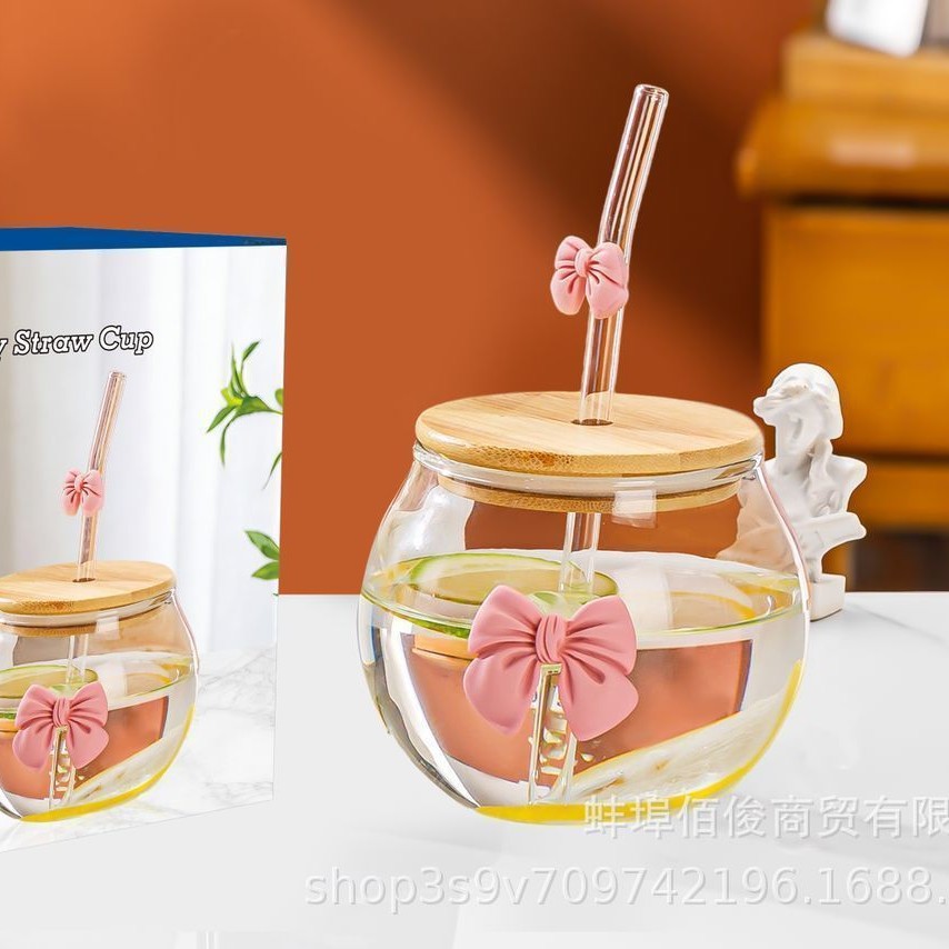 Taza de café de alto valor facial de vidrio transparente con mango de vidrio de alto silicio, taza de paja de hielo de bebidas americanas gordo