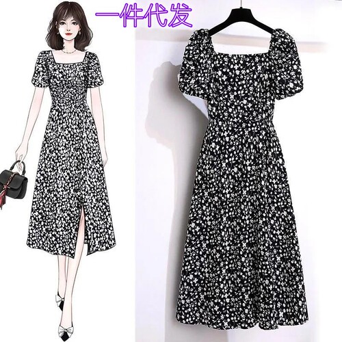 Floral Dress for Women - Summer High-End Elegance, Slimming, Retro French Square Neck, Slit Skirt - Trendy