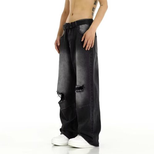 Men's Summer New Release American Street Style High-Waisted Distressed Wash Relaxed Straight Leg Pants