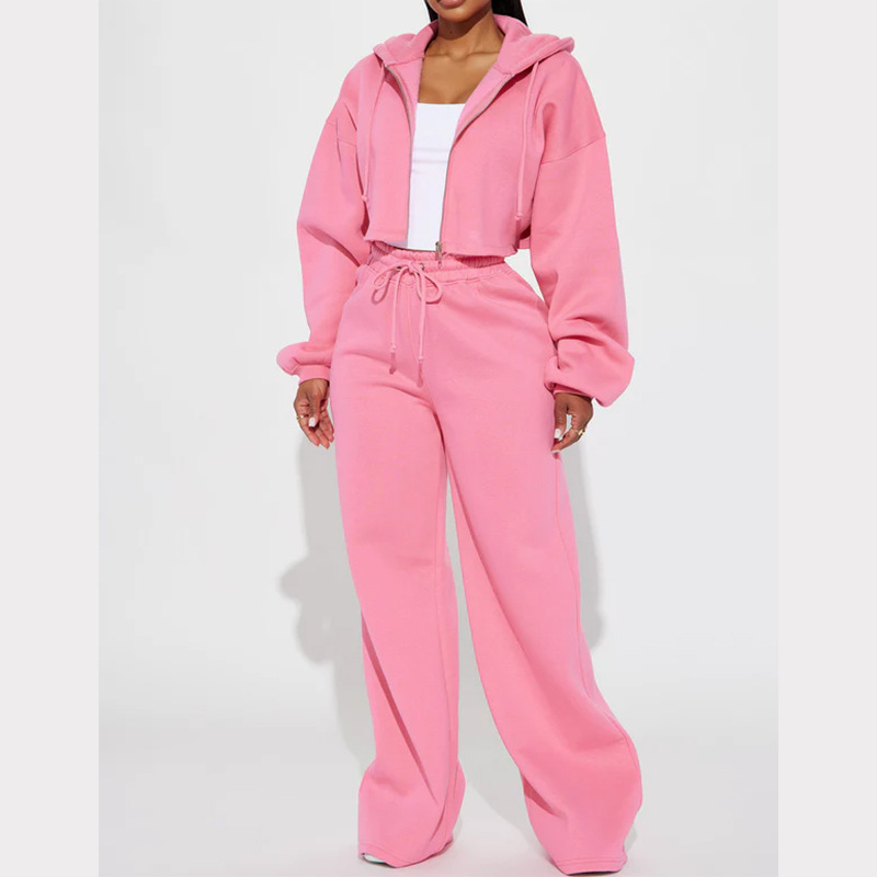 Vêtements pour femmes automne femmes décontracté à capuche devant zip pull jambe large pantalon ample costume_voghion.com