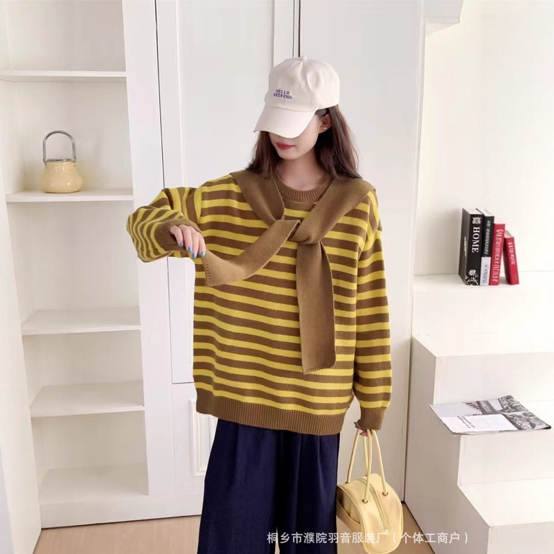 微胖MM毛衣女加厚大码秋冬新款学院风条纹百搭针织上衣围领两件套|undefined