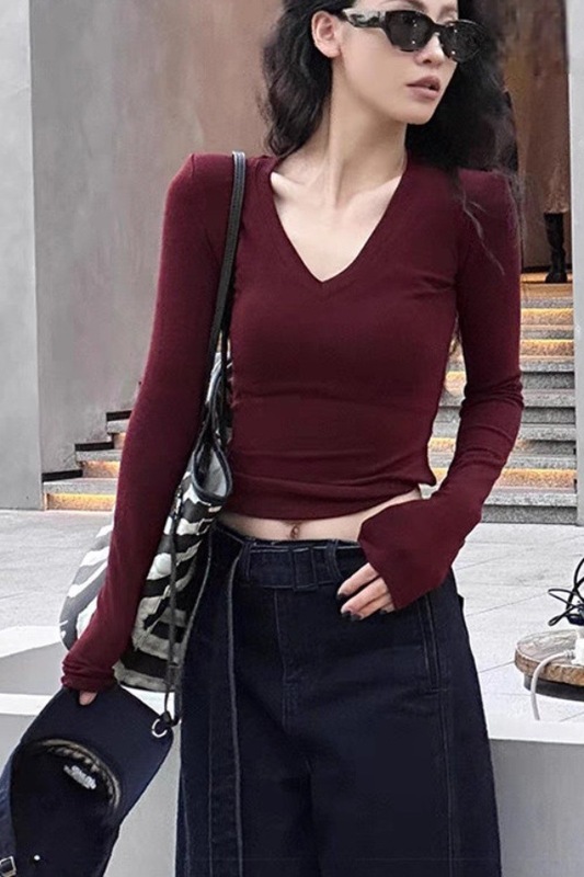 纯色短款V领长袖T恤打底衫女2025新款春秋内搭修身显瘦上衣|undefined